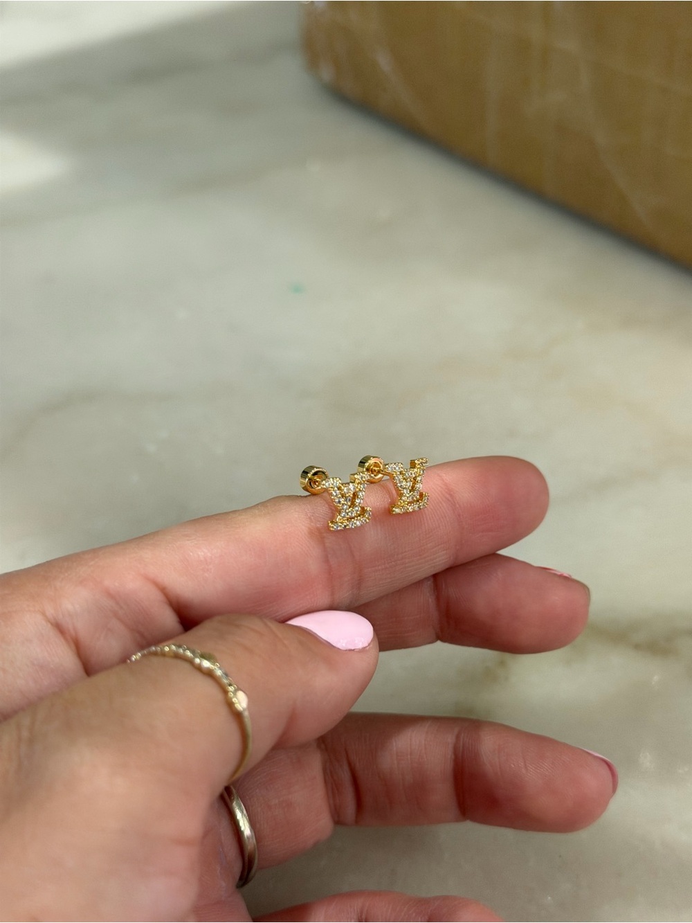 Gold LV diamond Stud Earrings stainless steel - Picture 3 of 6